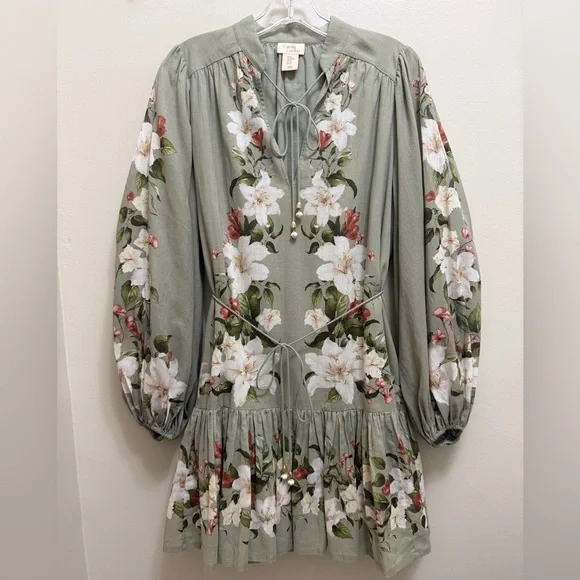 Camila Coelho Floral Mini Dress Blouson Sleeve Waist Tie Size Sage Green Size XS - Picture 2 of 11